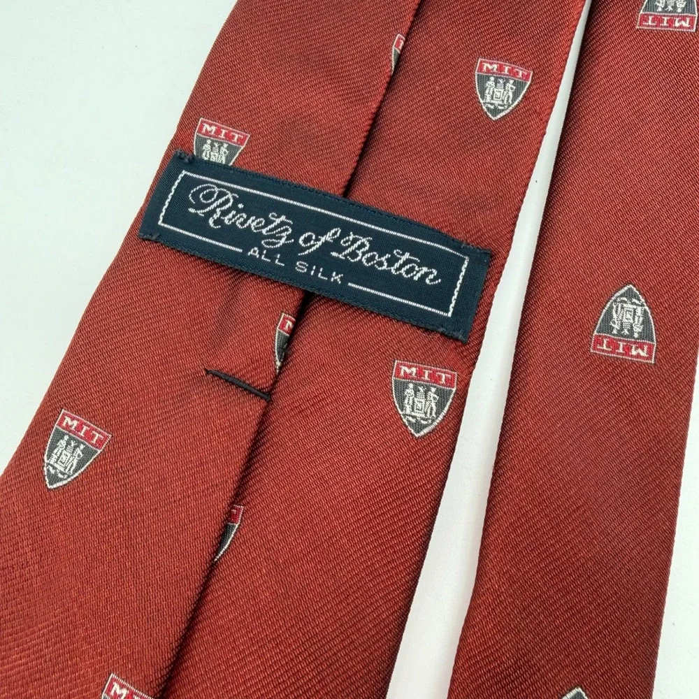 Vtg 90s Rivetz of Boston Tie Mens Silk MIT Crest Logo Burgundy Red Necktie Ivy